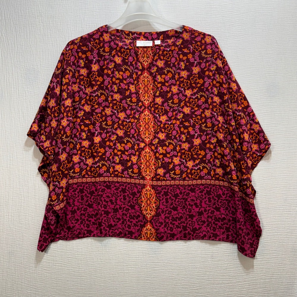Belle Boho Kim Gravel Kaftan Blouse Womens SM Burgundy Floral Paisley Tunic Boho